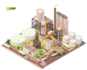 Vector isometric oil refinery plant with tankers for crude oil, processing facilities and petroleum storage tanks. Petrochemical plant infrastructure - 402847824