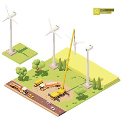 Fototapeta Vector low poly wind turbines farm construction. Onshore wind farm construction. Workers installing rotor blades with crane. Isometric city map elements obraz