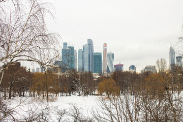 Fototapeta na wymiar city park with bare trees and white snow drifts and modern architectural skyscrapers of Moscow City on a cloudy winter day in Russian capital