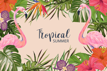 Exotic tropical palm leaves, strelitzia, orchid, hibiscus and flamingo. Frame border background. Summer vector illustration. Template for card