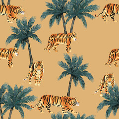 Abstract  seamless pattern with tigers and palm trees on sand background. Vector illustration