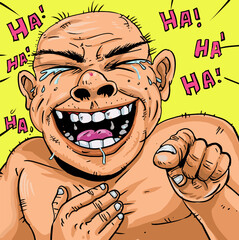 The cartoon a man laughing and pointing his finger to the front.