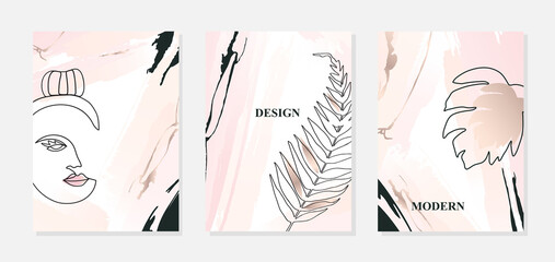 Set of fashion cards with brush, gold, pastel elements. Vector illustration with delicate shapes on white background