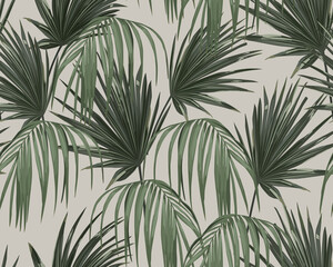 Jungle exotic seamless pattern, green tropical leaves, summer vector illustration on grey background. Retro print. Vintage wallpaper