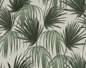 Poster Tropische bladeren Jungle exotische naadloze patroon, groene tropische bladeren, zomer vectorillustratie op grijze achtergrond. Retro-afdruk. Vintage behang