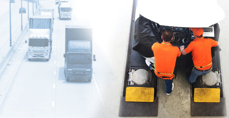 car mechanic use notebook computers to check engine and service maintenance of industrial to engine...