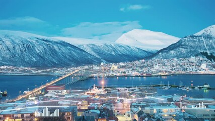 Northern city on the edge of a snow-white mountain range is criss-crossed by digital network lines. 5G network strings view. - Powered by Adobe