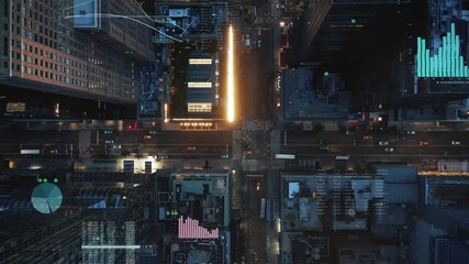 Chart and data on top down city street background - 3D motion graphics animation