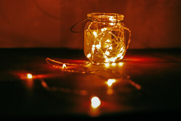 Transparent jar with led lights inside . Home decoration