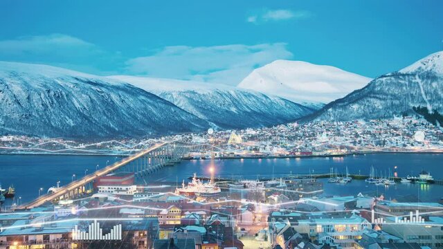 Northern city on the edge of a snow-white mountain range is criss-crossed by digital network lines. 5G network strings view.