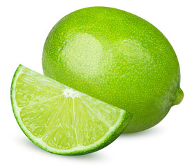 Isolated limes. One whole lime and cut lime fruit isolated on white background with clipping path