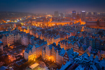 Aerial view of the old town in Gdansk city at winter dawn, Poland