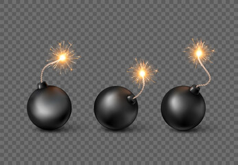 Set of Bombs. Burning fuse black bomb in realistic style. Vector illustration isolated on transparent background - obrazy, fototapety, plakaty