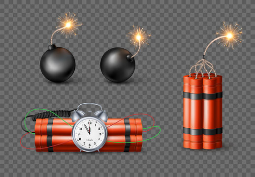 set of Dynamite Bomb with Burning Wick and black sphere bomb. Military Detonate Red Weapon. Vector illustration