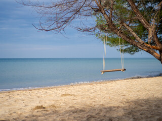 Wooden swing hanging on the tree On the background is a blue sea.