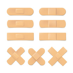 Set of realistic illustration of plaster bandage. Beige medical band. Vector illustration