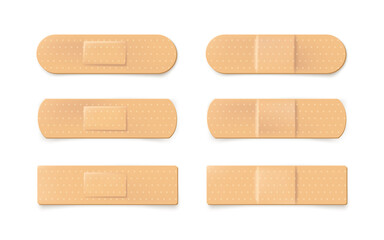 Set of realistic illustration of plaster bandage. Beige medical band. Vector illustration isolated on white