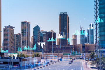 Cityscape skyscrapers of downtown, UAE. Modern skyline of the capital of the Emirate of Dubai. Center of international trading of Western Asia. Traffic. FOREX graph and chart concept. Double exposure