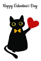 Black cat and a red heart with polka dots. Valentine's Day greeting card. Pattern for fashion prints on cups, textiles, clothes, notebooks. Vector illustration.