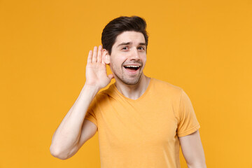 Young curious unshaved caucasian handsome man years old wearing casual basic blank print design...