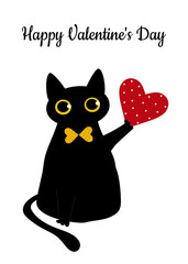 Black cat and a red heart with polka dots. Valentine's Day greeting card. Pattern for fashion prints on cups, textiles, clothes, notebooks. 