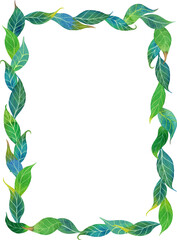 Watercolor green leaves rectangle frame, floral greenery invitation on white background