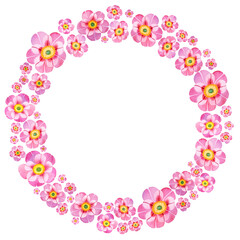 Watercolor pink peony flowers round frame, floral wreath invitation on white background