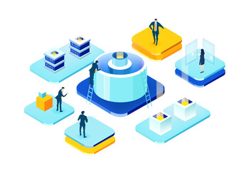 Isometric 3D business environment with server room, business people working and communicating around. Technology, internet, data protection, personal security, globalisation concept 