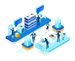 Isometric 3D business environment with server room, business people working and communicating around. Technology, internet, data protection, personal security, globalisation concept 