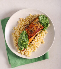 Fried silver carp fillet with green sauce