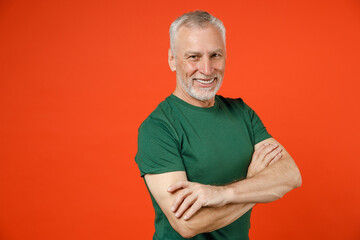 Smiling elderly gray-haired mustache bearded man wearing basic casual green t-shirt standing...