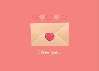 Valentines Day theme illustration of hand drawn mail letter with heart shape and text I Love You.