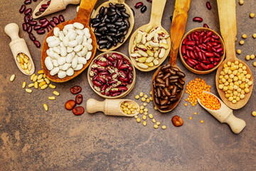Set of various dry legumes in wooden spoons as indispensable protein for a healthy life
