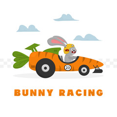 cute rabbit driving a carrot race car illustration