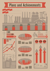 Old Soviet Industrial Propaganda Infographic, Factory and Plant Silhouettes Background 