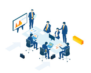 Application development iIsometric illustration. Business people stand around mobile phone, having a meeting, discussing progress, agreements. Business management, advisory, finance concept