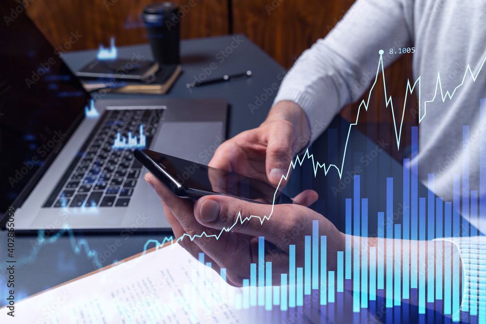Poster trader holding in the hands a smart phone and researching stock market to proceed right investment s