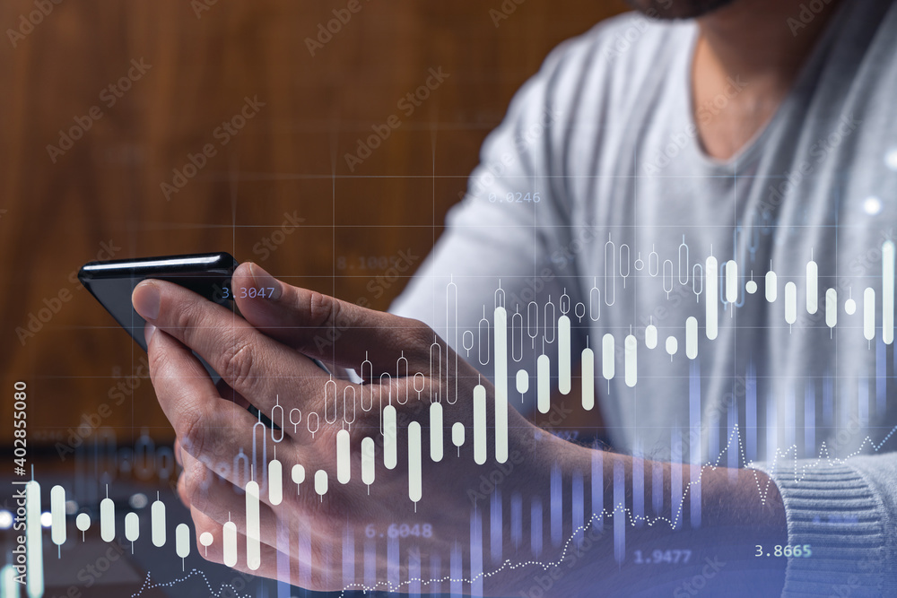 Poster trader holding in the hands a smart phone and researching stock market to proceed right investment s