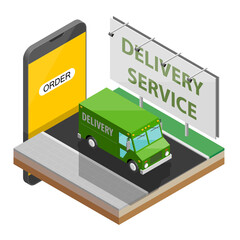 Fototapeta na wymiar Isometric city map navigation phone point delivery van, app isometric schema itinerary delivery car, city plan GPS navigation, itinerary destination arrow city map. Route delivery truck check point