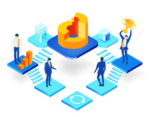 Isometric 3D business environment with business people working and communicating around big growth chart. Technology, success, internet, data protection and personal security concept 