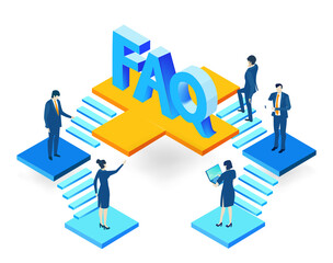 Business people on staircases around FAQ sign.  3d Isometric illustration 