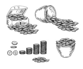 Chest with coins, pot with coins. Sketch. Treasure chest sketch style vector illustration. Old hand drawn engraving imitation.