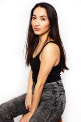 Fototapeta premium young pretty asian woman posing cheerful emotional isolated on white background, lifestyle people concept