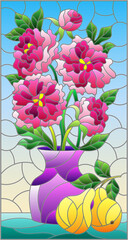 Illustration in stained glass style with floral still life, vase with a bouquet of peonies and fruits on a blue background