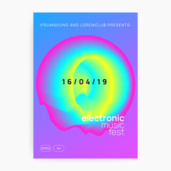 Music flyer. Electronic sound. Night dance lifestyle holiday. Fluid holographic gradient shape and line. Feminine disco club cover layout. Poster for summer fest and music flyer.