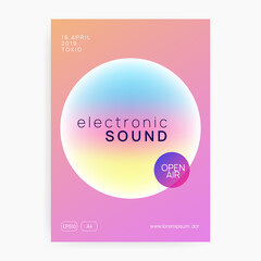 Summer music. Electronic sound. Night dance lifestyle holiday. Fluid holographic gradient shape and line. Cool indie event magazine design. Fest poster and flyer for summer music.