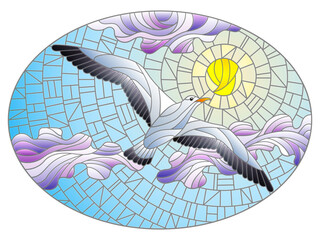 Illustration in stained glass style with a Seagull on a background of blue sky, sun and clouds, oval image