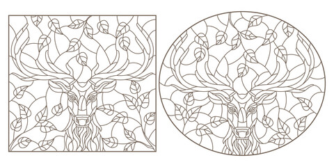 Set of contour illustrations in stained glass style with portraits of deers, dark contours on a white background