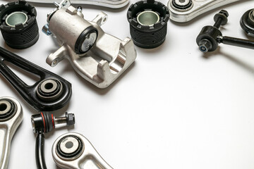 Part isolated. Set of new metal car part. Auto motor mechanic spare or automotive piece isolated on white background. Automobile engine service.