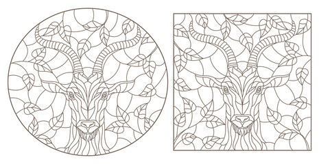 Set of contour illustrations in stained glass style with portraits of goats, dark contours on a white background